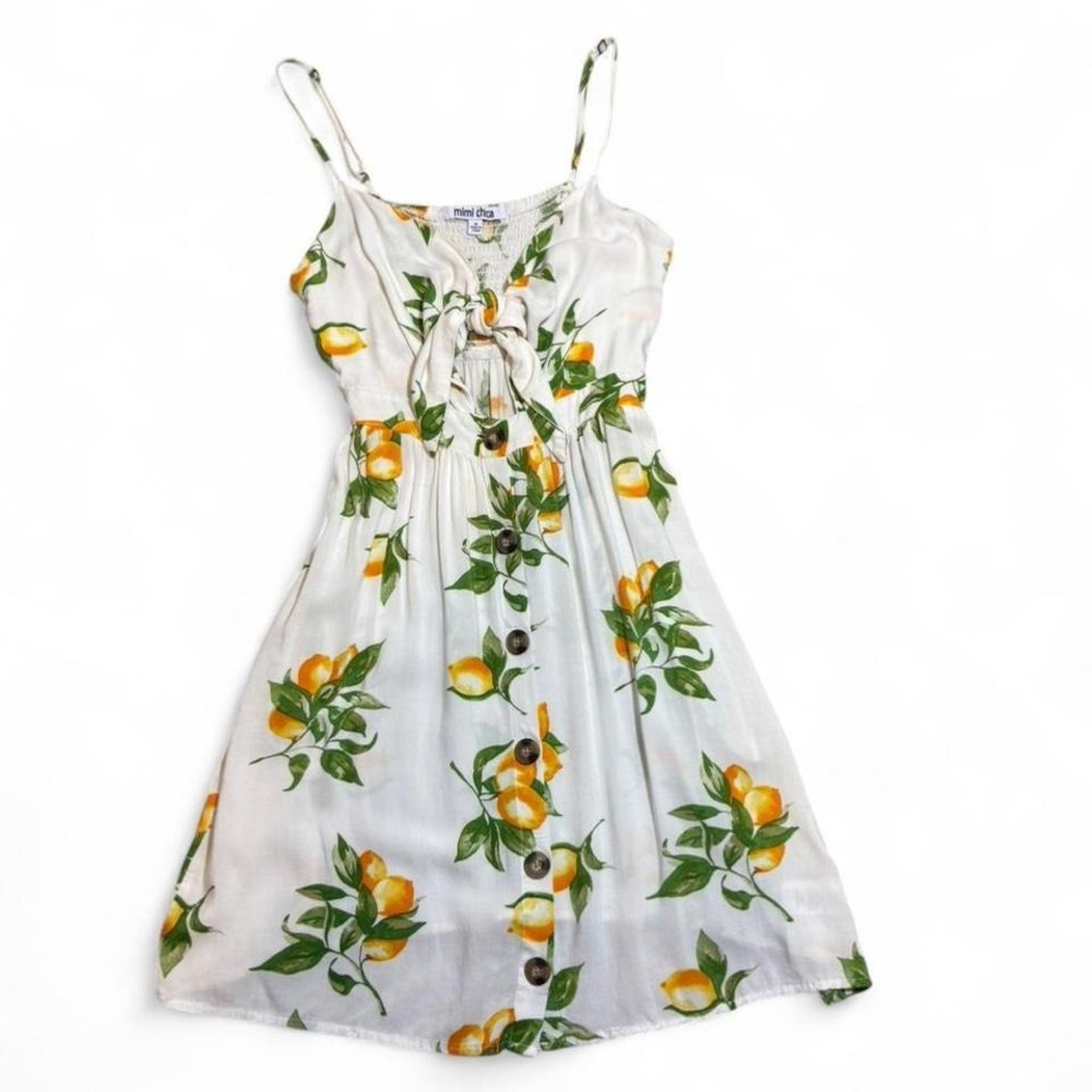 Mimi Chica off white lemon print baby doll mini dress key hole tie front size M